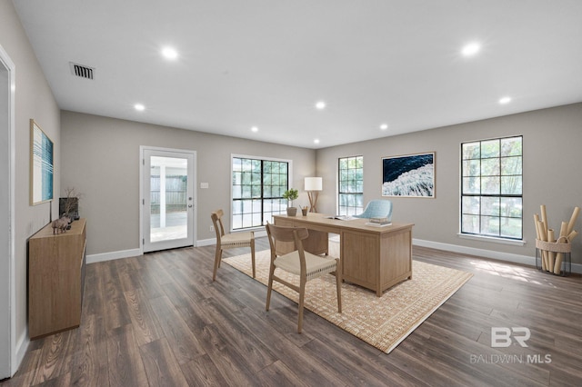 office featuring baseboards, dark wood finished floors, and recessed lighting