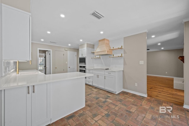 kitchen with visible vents, baseboards, appliances with stainless steel finishes, custom exhaust hood, and open shelves