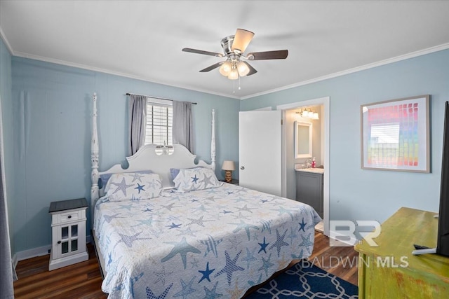 108 Ponchartrain Ct, Dauphin Island, AL 36528 - bedroom with dark wood-type flooring, crown molding, ceiling fan, and ensuite bath
