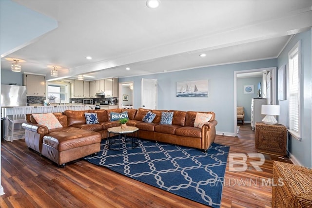 108 Ponchartrain Ct, Dauphin Island, AL 36528 - living area featuring wood finished floors, recessed lighting, and crown molding