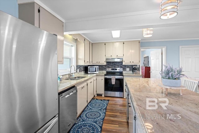 108 Ponchartrain Ct, Dauphin Island, AL 36528 - kitchen with stainless steel appliances, dark wood-type flooring, ornamental molding, under cabinet range hood, and backsplash