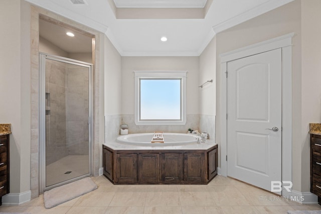 bathroom with plus walk in shower, tile patterned flooring, vanity, and ornamental molding