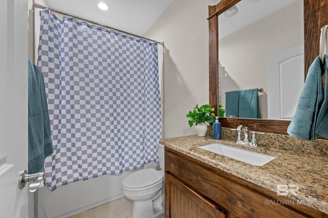 full bathroom featuring shower / bathtub combination with curtain, tile patterned flooring, vanity, and toilet