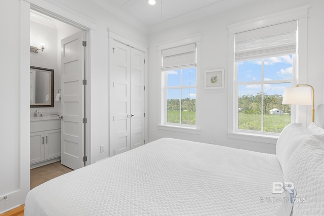 2457 Saltgrass Way Unit 8, Orange Beach, AL 36561 - bedroom with light wood-style flooring, a closet, a sink, and connected bathroom