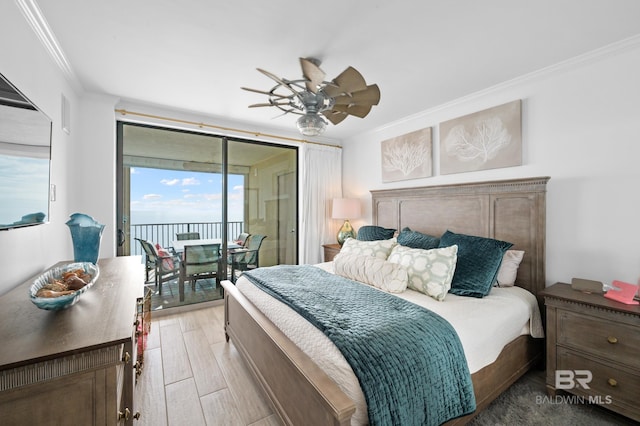 24900 Perdido Beach Blvd Unit 1001, Orange Beach, AL 36561 - bedroom with access to exterior, ceiling fan, crown molding, and hardwood / wood-style flooring