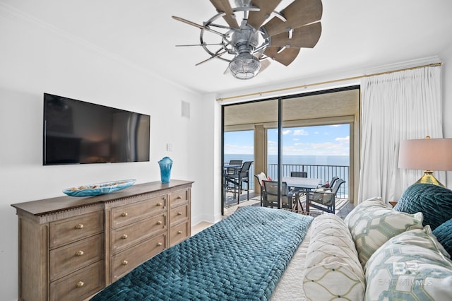 24900 Perdido Beach Blvd Unit 1001, Orange Beach, AL 36561 - bedroom with access to exterior, expansive windows, ceiling fan, and crown molding