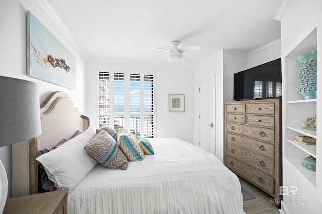 24900 Perdido Beach Blvd Unit 1001, Orange Beach, AL 36561 - bedroom with ceiling fan, ornamental molding, and hardwood / wood-style flooring