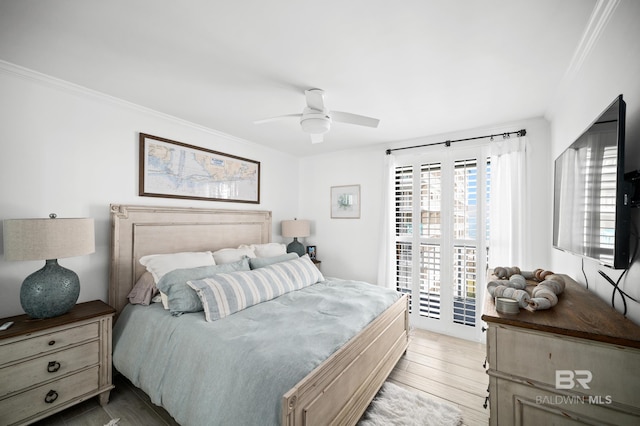 24900 Perdido Beach Blvd Unit 1001, Orange Beach, AL 36561 - bedroom featuring ceiling fan, light hardwood / wood-style floors, access to exterior, and crown molding