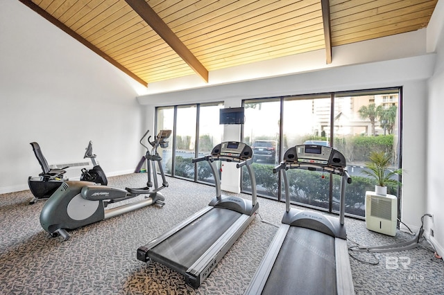24900 Perdido Beach Blvd Unit 1001, Orange Beach, AL 36561 - gym with carpet, a healthy amount of sunlight, vaulted ceiling, and wooden ceiling