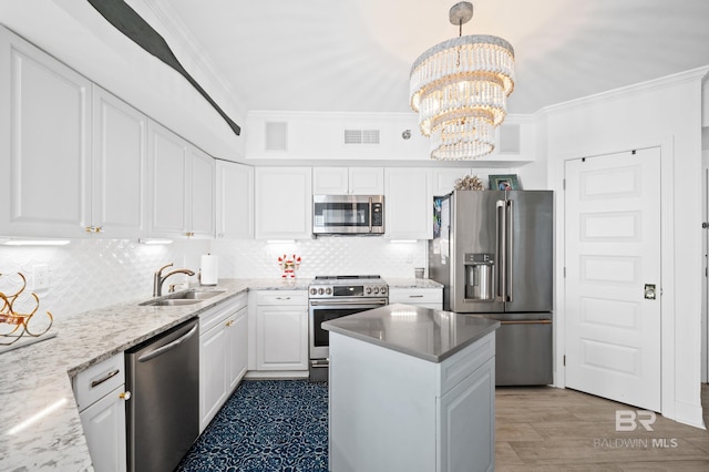 24900 Perdido Beach Blvd Unit 1001, Orange Beach, AL 36561 - kitchen with sink, stainless steel appliances, a notable chandelier, pendant lighting, and white cabinets