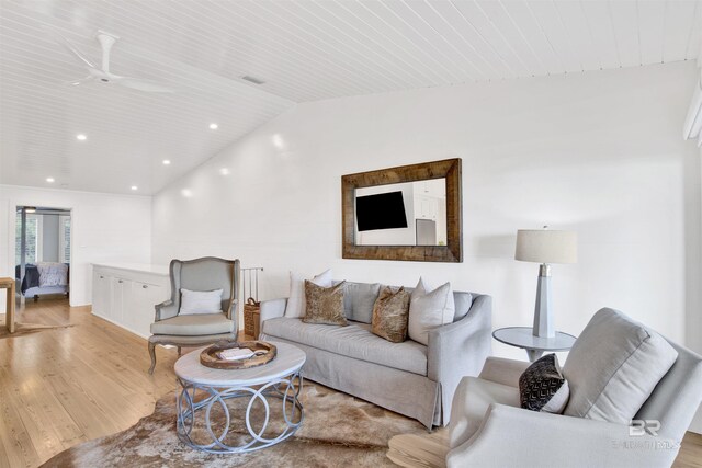 210 S Mobile St Unit 16, Fairhope, AL 36532 - living room featuring light wood-style flooring, lofted ceiling, wood ceiling, a ceiling fan, and recessed lighting