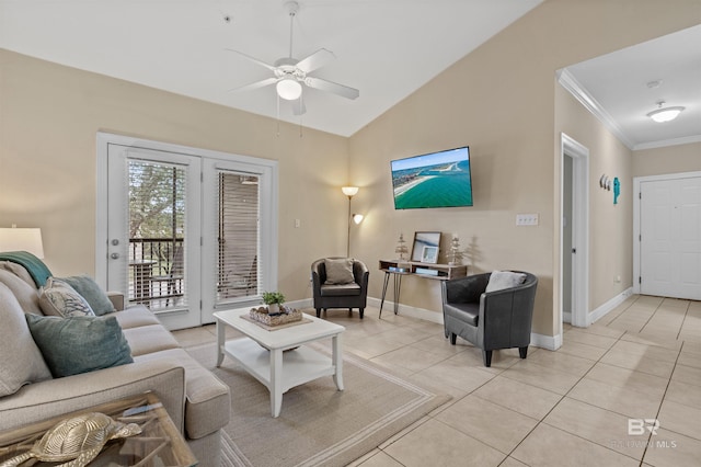 tiled living room featuring ceiling fan, lofted ceiling, and crown molding