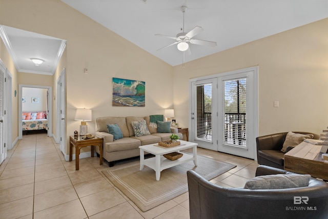 tiled living room featuring ceiling fan, high vaulted ceiling, and ornamental molding