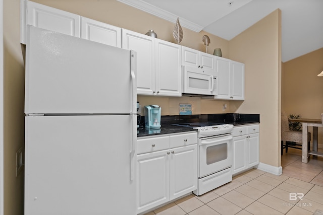 kitchen featuring white appliances, white cabinetry, ornamental molding, and light tile patterned flooring