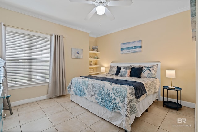 tiled bedroom featuring multiple windows, ceiling fan, and ornamental molding