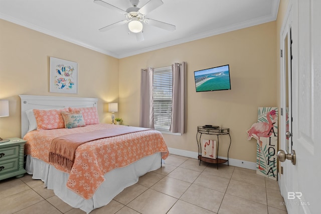 bedroom with light tile patterned floors, ceiling fan, and crown molding