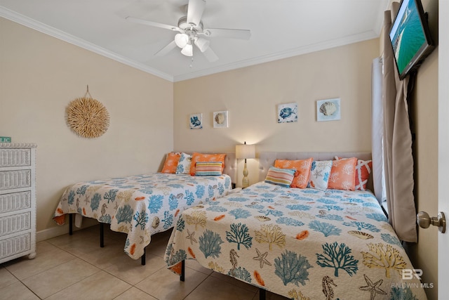 bedroom featuring ceiling fan, light tile patterned floors, and ornamental molding