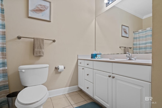 bathroom featuring curtained shower, tile patterned floors, toilet, vanity, and ornamental molding