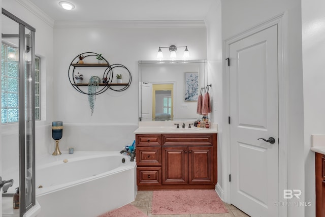 24085 Trowbridge Ct, Daphne, AL 36256 - full bathroom with vanity, a garden tub, crown molding, and tile patterned floors