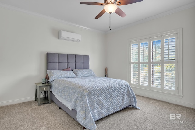 24085 Trowbridge Ct, Daphne, AL 36256 - bedroom with a wall unit AC, crown molding, carpet flooring, baseboards, and ceiling fan