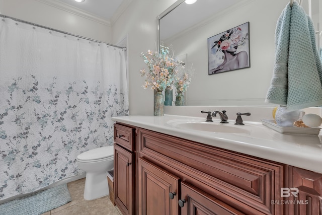 24085 Trowbridge Ct, Daphne, AL 36256 - full bath with toilet, vanity, ornamental molding, tile patterned floors, and curtained shower