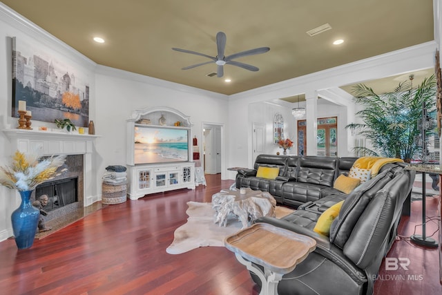 24085 Trowbridge Ct, Daphne, AL 36256 - living room with ceiling fan, crown molding, wood finished floors, a high end fireplace, and recessed lighting