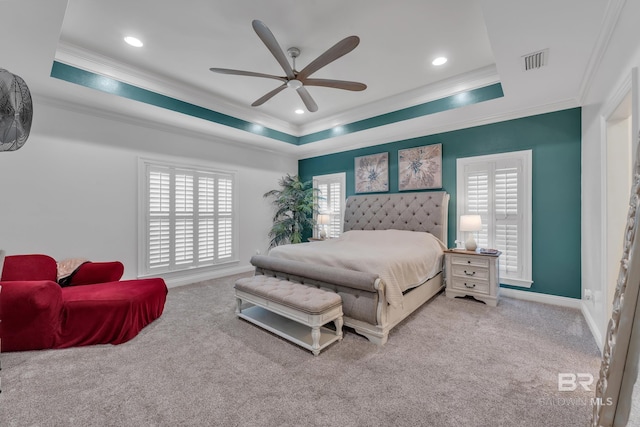 24085 Trowbridge Ct, Daphne, AL 36256 - carpeted bedroom featuring crown molding, a tray ceiling, baseboards, recessed lighting, and a ceiling fan