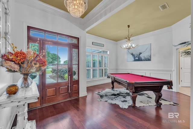24085 Trowbridge Ct, Daphne, AL 36256 - foyer featuring a chandelier, ornamental molding, billiards, wood finished floors, and wainscoting
