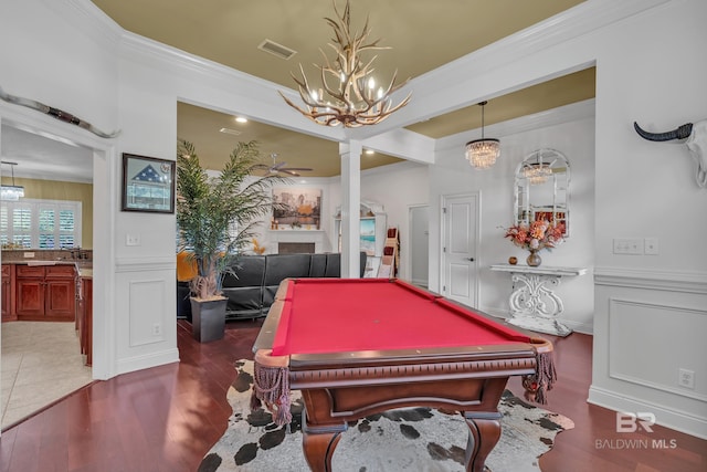 24085 Trowbridge Ct, Daphne, AL 36256 - recreation room with a chandelier, ornamental molding, wood finished floors, billiards table, and a sink