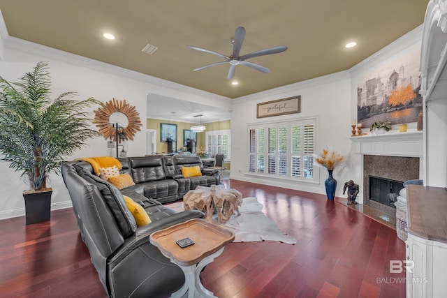 24085 Trowbridge Ct, Daphne, AL 36256 - living area featuring a ceiling fan, wood finished floors, a fireplace, crown molding, and recessed lighting