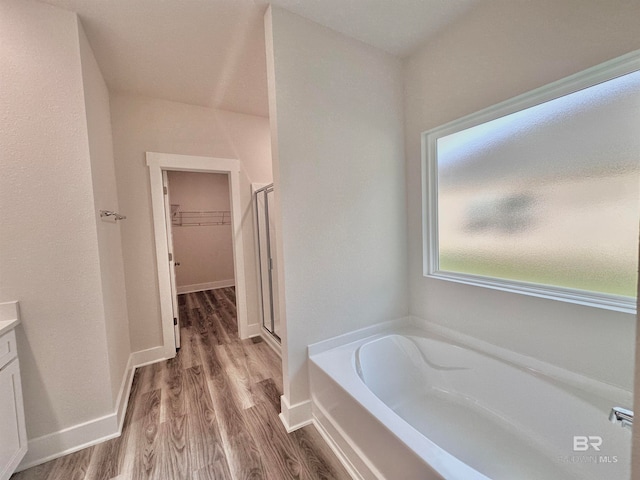 bathroom with shower with separate bathtub, vanity, and wood-type flooring