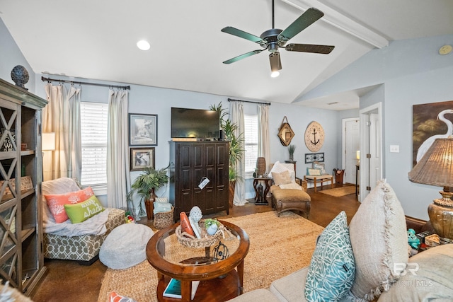 living area featuring vaulted ceiling with beams, a healthy amount of sunlight, recessed lighting, and ceiling fan