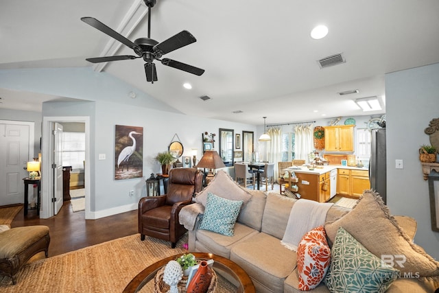 living room featuring recessed lighting, vaulted ceiling with beams, wood finished floors, and visible vents