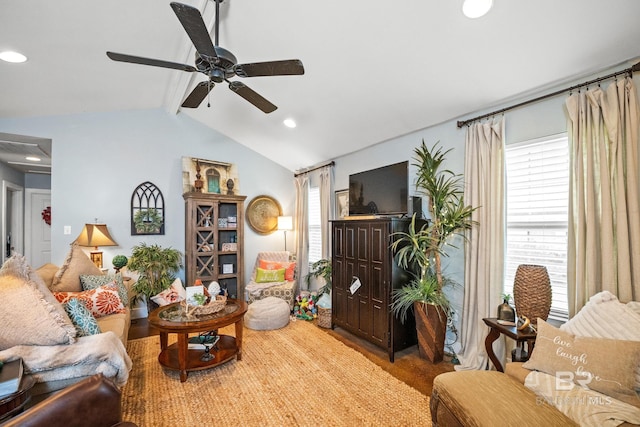 living area featuring lofted ceiling with beams, recessed lighting, and a ceiling fan