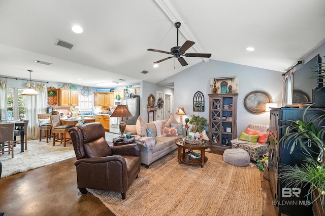 living area with lofted ceiling with beams, recessed lighting, visible vents, and ceiling fan