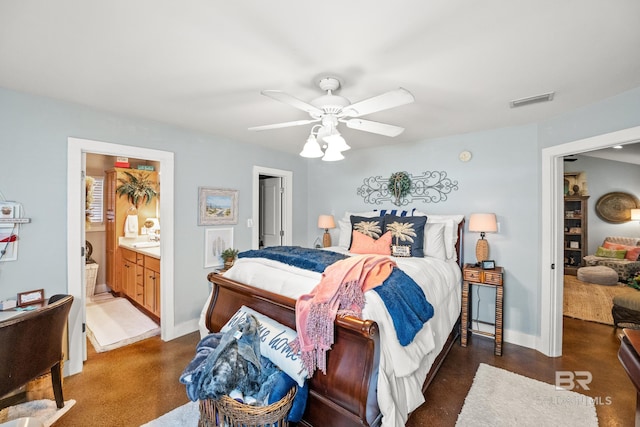 bedroom with a sink, visible vents, baseboards, and ceiling fan