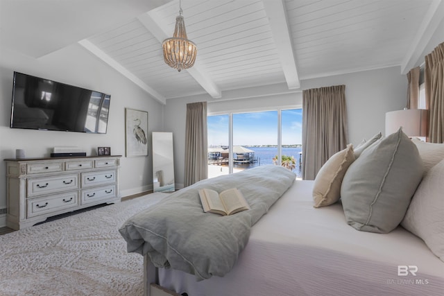 bedroom with access to outside, a water view, vaulted ceiling with beams, a notable chandelier, and baseboards