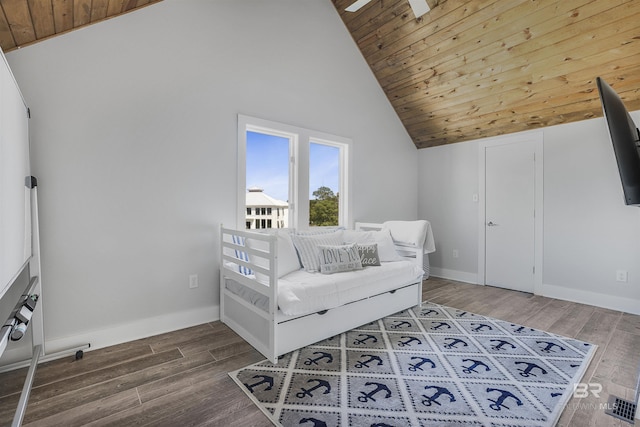 interior space with wood finished floors, baseboards, wooden ceiling, and lofted ceiling