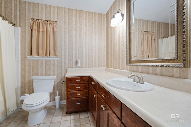 517 Simms Dr, Saraland, AL 36571 - full bath featuring wallpapered walls, vanity, tile patterned flooring, and a shower with curtain
