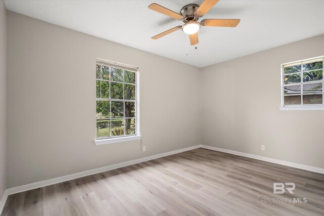 empty room with a wealth of natural light, ceiling fan, and light hardwood / wood-style floors