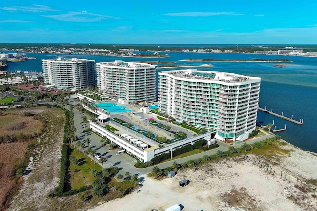 drone / aerial view featuring a water view