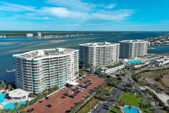 drone / aerial view with a water view