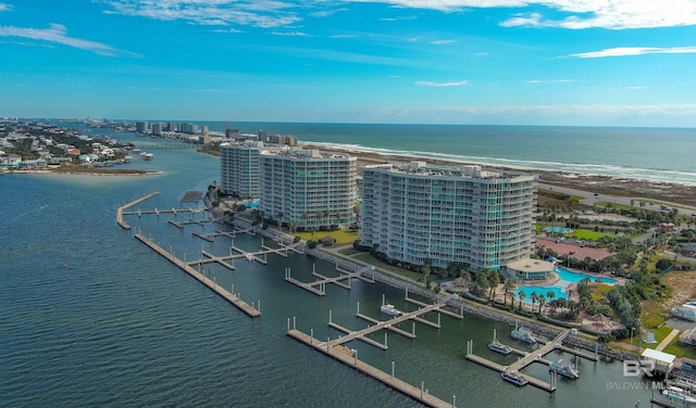 bird's eye view with a water view