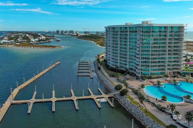 drone / aerial view featuring a water view