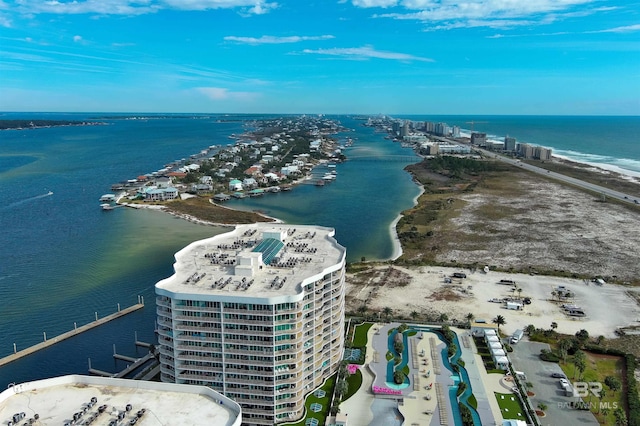 drone / aerial view with a water view and a view of the beach