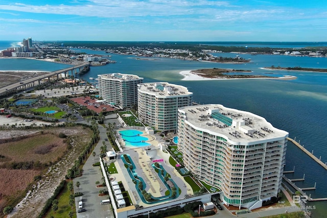 drone / aerial view featuring a water view