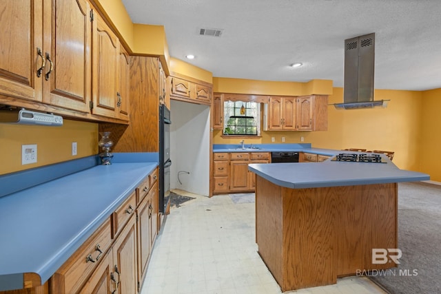 1510 Ponce De Leon Dr, Mobile, AL 36605 - kitchen with island range hood, a sink, black appliances, and brown cabinetry