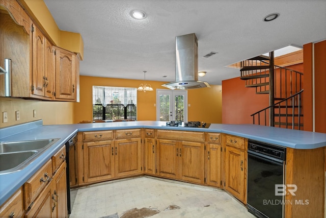 1510 Ponce De Leon Dr, Mobile, AL 36605 - kitchen with light flooring, island range hood, black gas stovetop, brown cabinets, and a textured ceiling