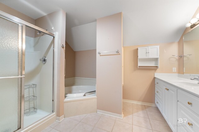 5039 W Cole Dr, Mobile, AL 36619 - full bath with a garden tub, a shower stall, vanity, tile patterned floors, and lofted ceiling