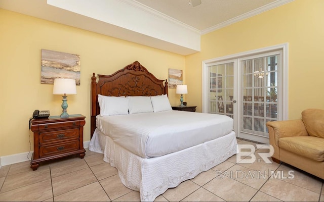 bedroom featuring tile patterned floors, baseboards, access to exterior, and ornamental molding